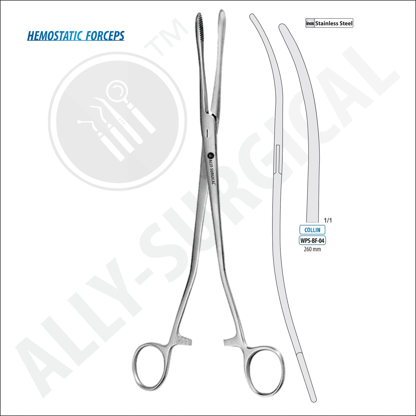 Curved Collin artery forceps, 260 mm.