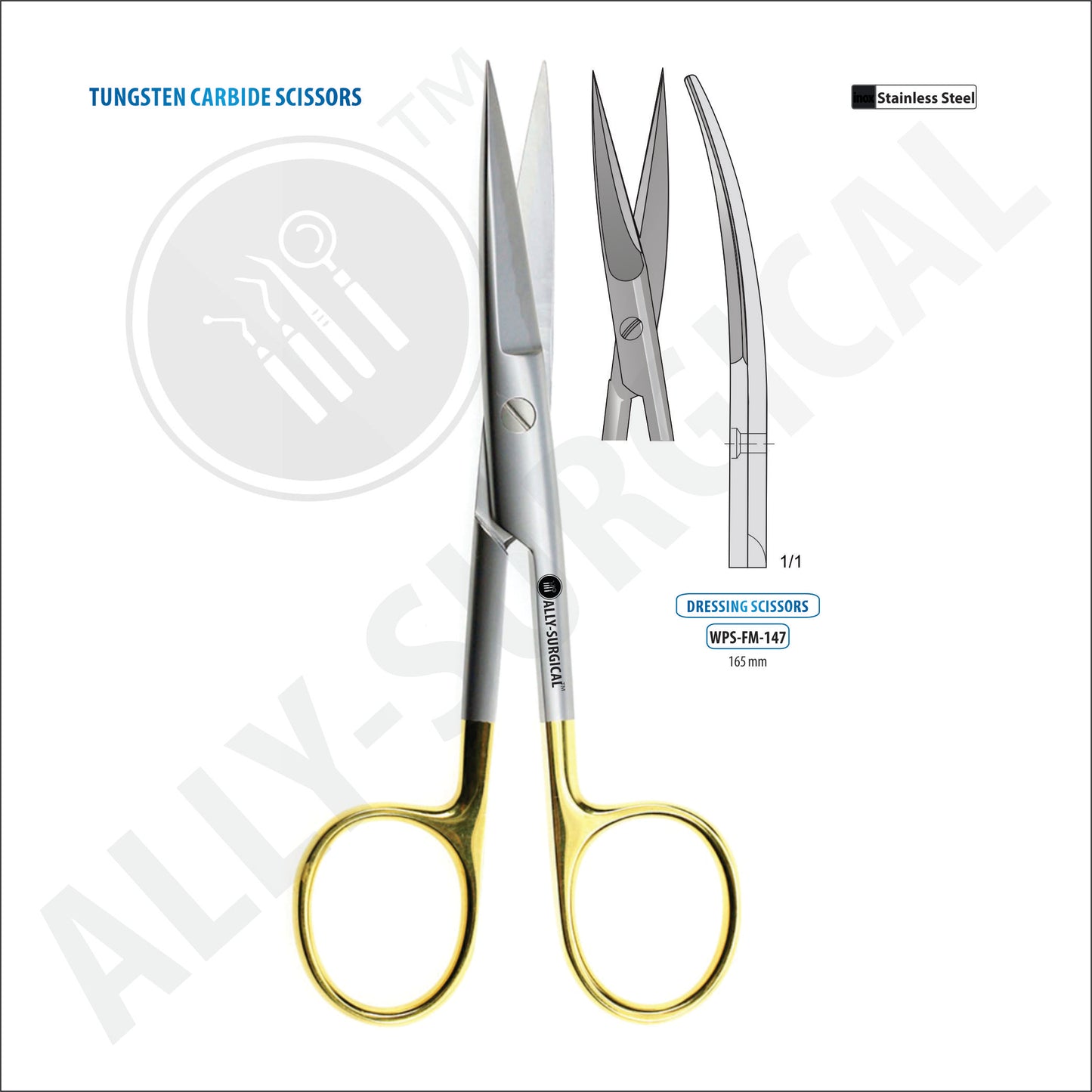 STANDRAD OPERATING SCISSORS SHARP / SHARP CURVED, TC, 165 MM