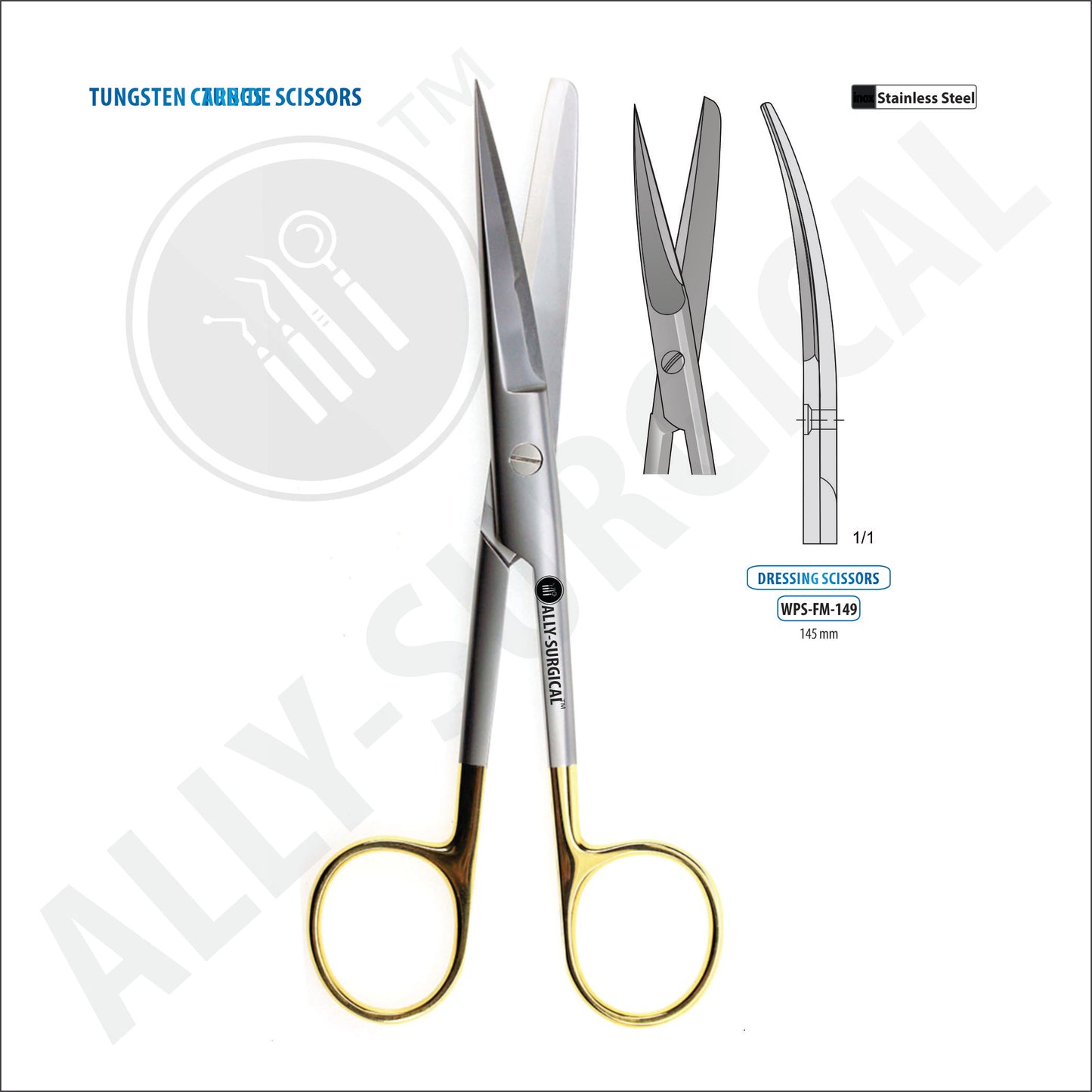 STANDRAD OPERATING SCISSORS SHARP/DULL CURVED, TC, 145 MM