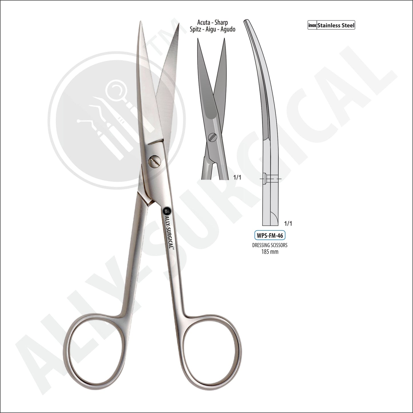 SHARP/SHAPED OPERATING SCISSORS, CURVED, 185MM