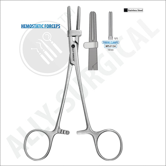 Pipe clamping forceps with 150 mm clips.